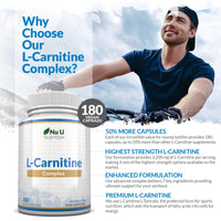 L-Carnitine Complex 2200mg - 180 High Strength Vegan Capsules - with Riboflavin, Biotin, Chromium, Vitamin D, B3 & B6 - L Carnitine Tartrate Supplement - Made in The UK - Nu U Nutrition