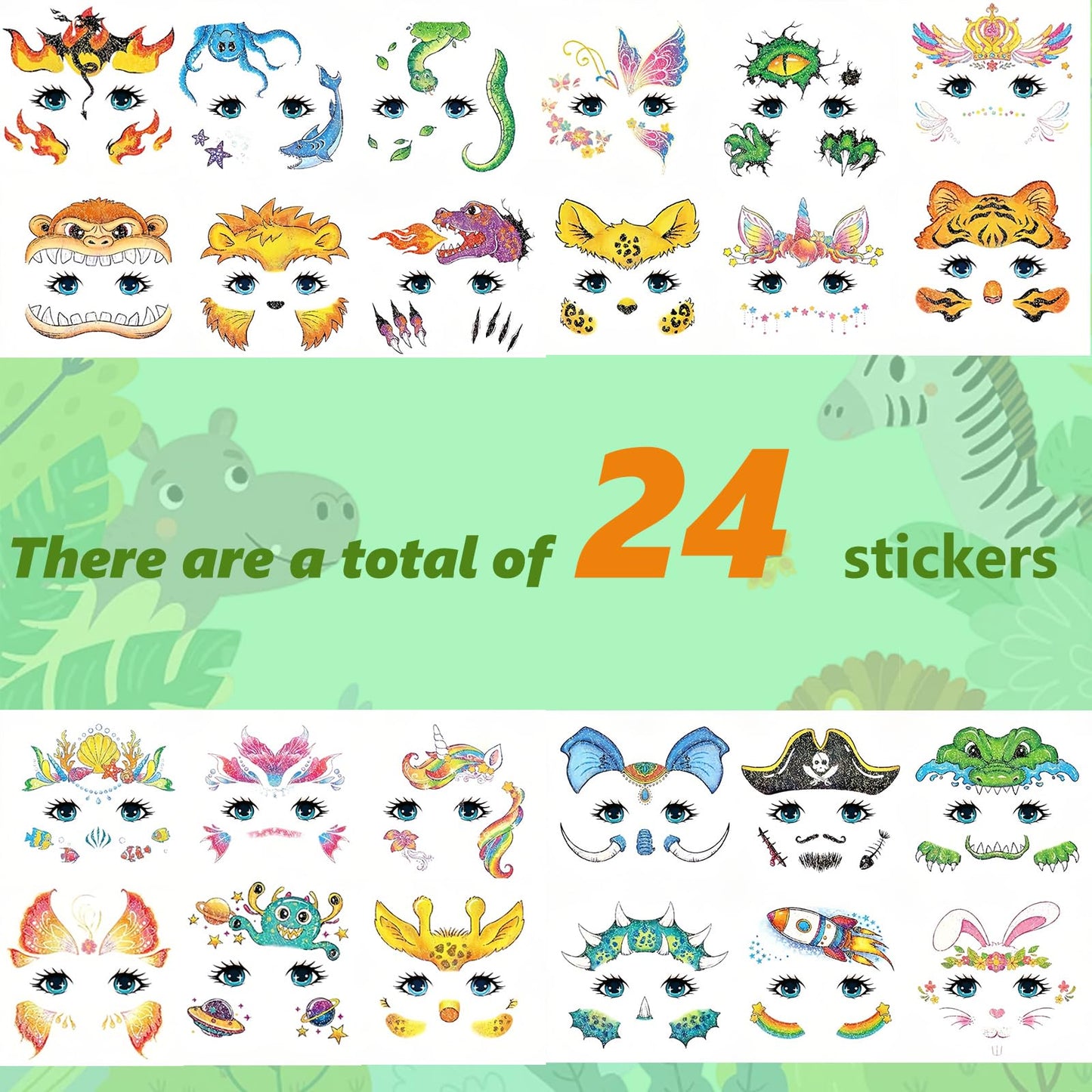 Makoto Nobu 24 Sheets Face Tattoos for Kids, Temporary Tattoo Stickers