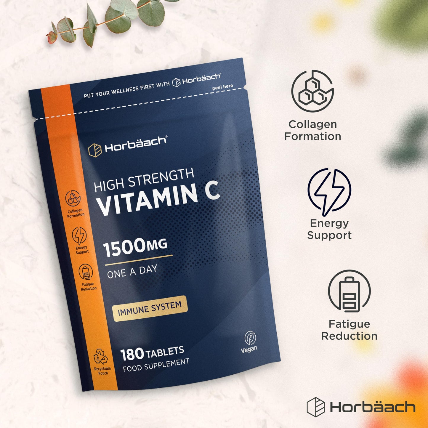 Horbäach Vitamin C Tablets 1500mg | 180 Count | High Strength Ascorbic Acid | Suitable for Vegetarians and Vegans | by Horbaach