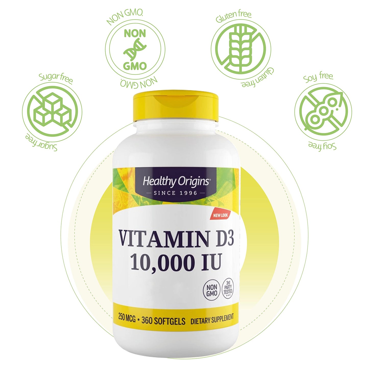 Healthy Origins, Vitamin D3, 10,000 IU, 360 Softgels, Lab Tested, Gluten Free, Soy Free, Non-GMO