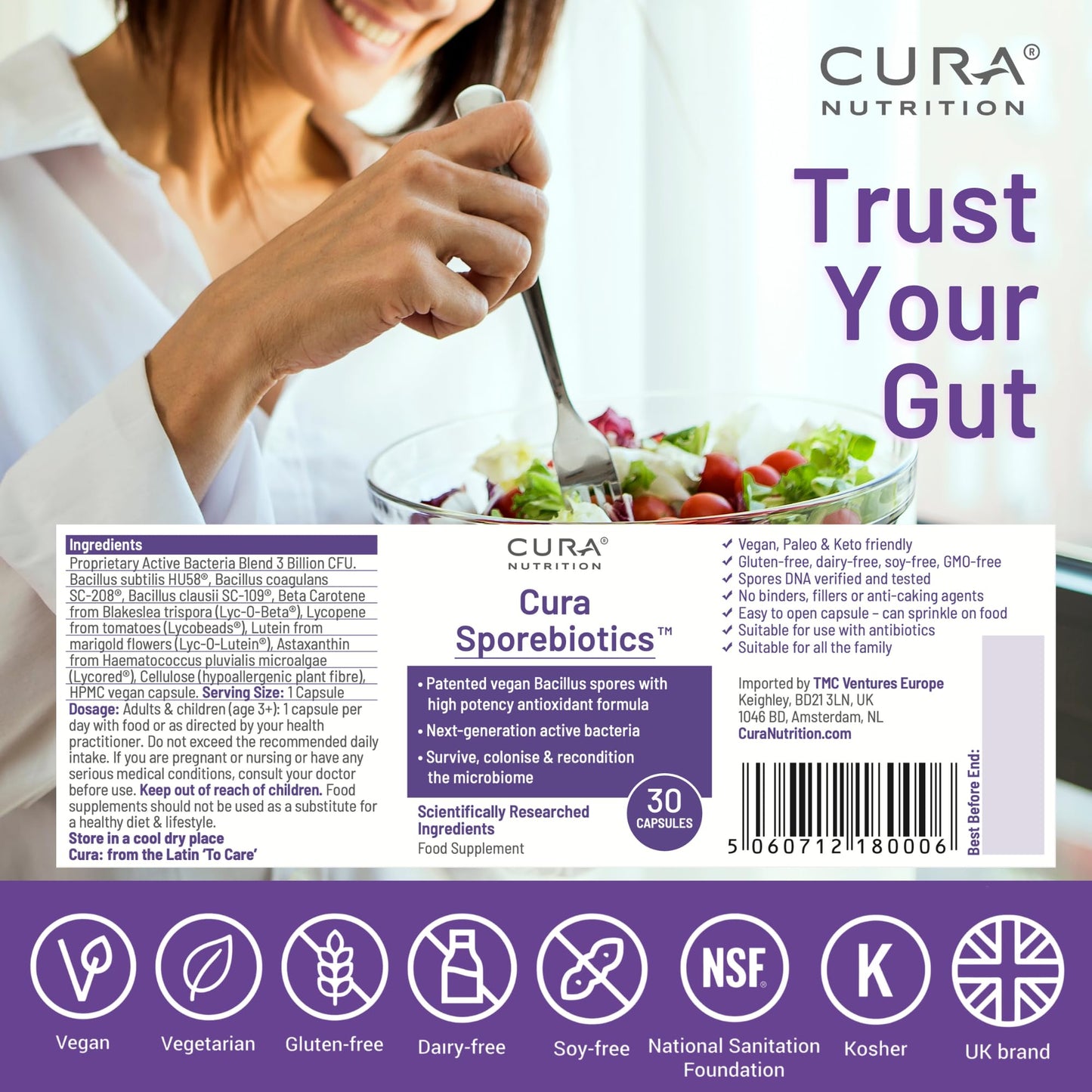 Cura Nutrition CURA NUTRITION SPOREBIOTICS – Spore Based Probiotic with Antioxidants, Active Bacteria Daily Supplement to Boost Akkermansia, 3 Bacillus Spores for Gut Health Support, Vegan Probiotics (30 Capsules)