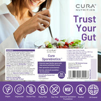 Cura Nutrition CURA NUTRITION SPOREBIOTICS – Spore Based Probiotic with Antioxidants, Active Bacteria Daily Supplement to Boost Akkermansia, 3 Bacillus Spores for Gut Health Support, Vegan Probiotics (30 Capsules)