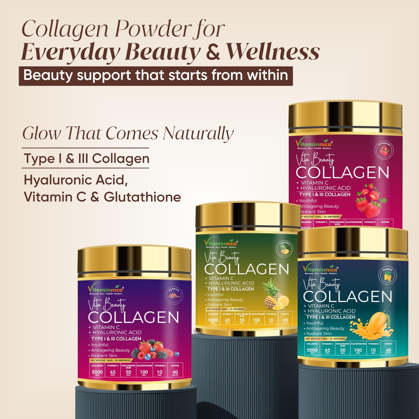 Vitaminnica Because your Health Matters Vitaminnica Vita Beauty Collagen Powder | Type I & III Collagen with Hyaluronic Acid, Biotin, Zinc, & Vitamin C | Supports Skin, Hair, Nails & Joints | 30 Servings (Berries)