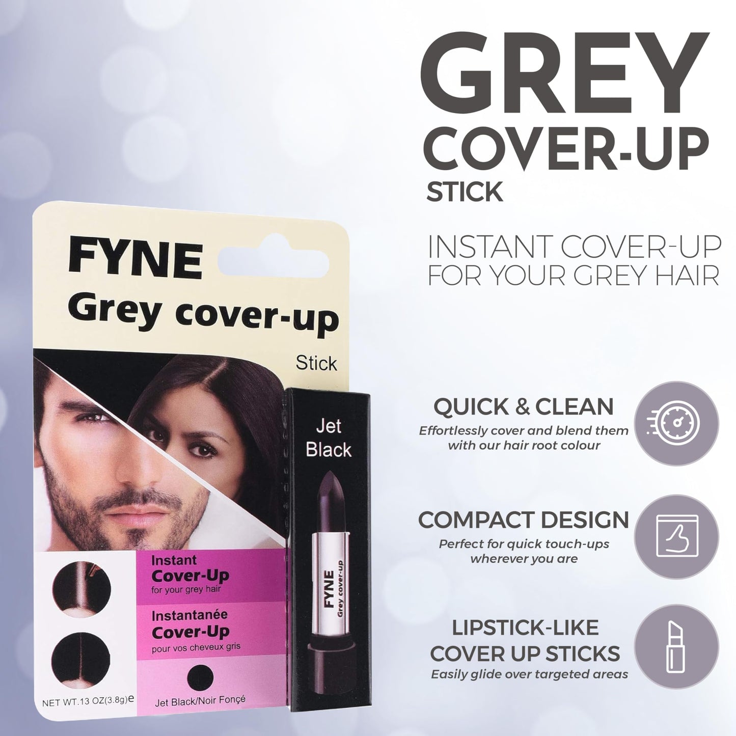 FYNE Root Touch Up Cover Stick - Instant Jet Black Grey Hair Cover Up - Magic Retouch Temporary Hair Colour for Men & Women
