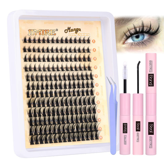 JIMIRE Manga Cluster Lashes Kit Natural Look 180Pcs Individual Eyelashes Kit with Lash Glue Bond and Seal Wispy Lashes Individual Cluster 8-16MM C Curl Anime DIY Eyelash Clusters at Home