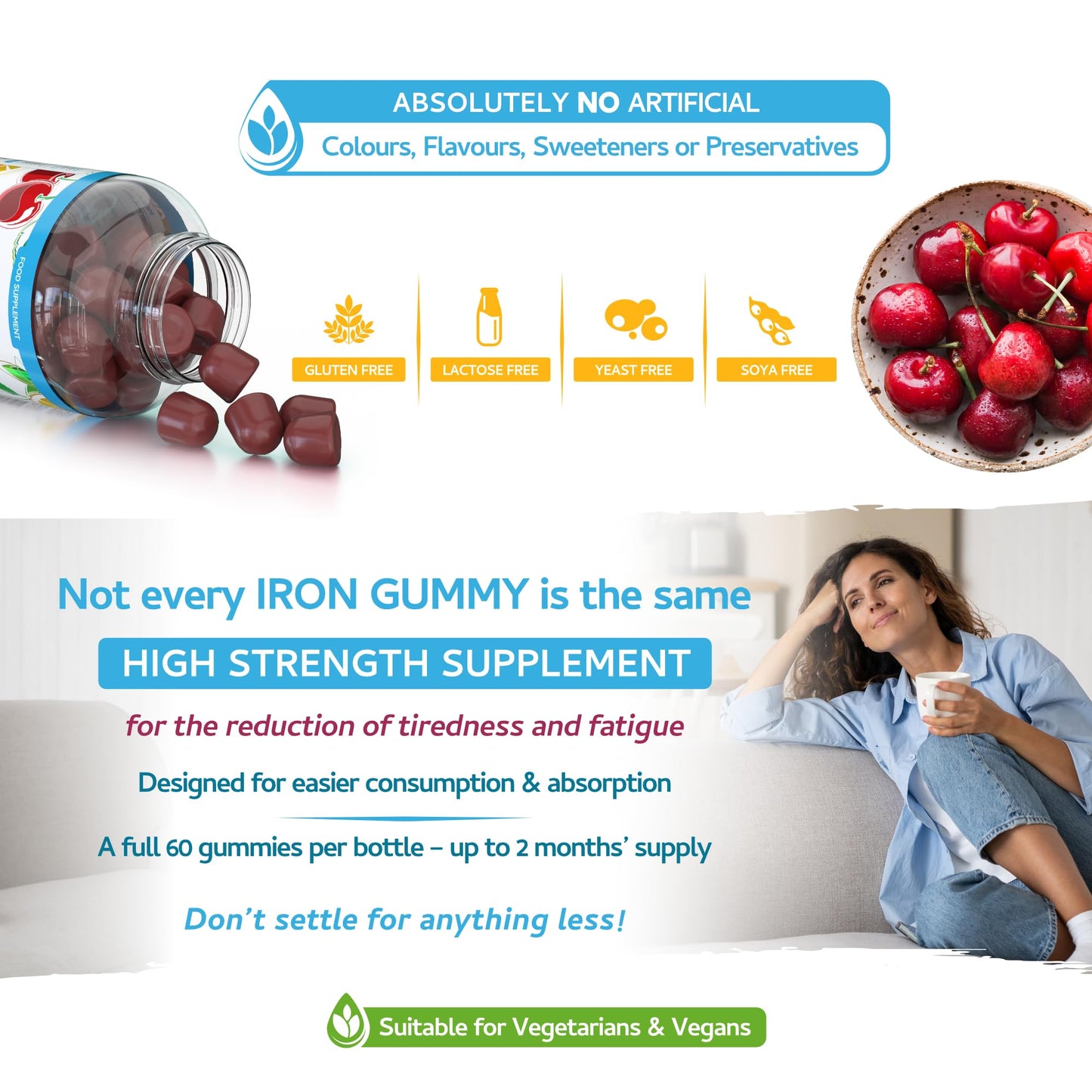 swiss bioenergetics Iron Gummies with Added Vitamin C - 60 Natural Cherry Flavour Chewable Yummy Gummies - 2 Month Supply - efficient Absorption and gentler Digestion Formula - Made in The UK