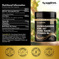 supplmnt. Ashwagandha KSM-66, Lions Mane & Vitamin B6 Capsules - High Strength 2000mg KSM-66 Ashwaghandha Root Extract & Lions Mane Mushroom with Vitamin B6 2-120 Vegan Capsules with Black Pepper - 2 Months