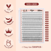 Higu clace 320PCS Lash Clusters D Curl 10D+20D 0.07/0.10mm 9-16mm DIY Individual Lashes Cluster Wispy Lash Clusters Matte Black Natural Look DIY Eyelashes at Home (10D+20D 0.07/0.10D-9-16MIX)