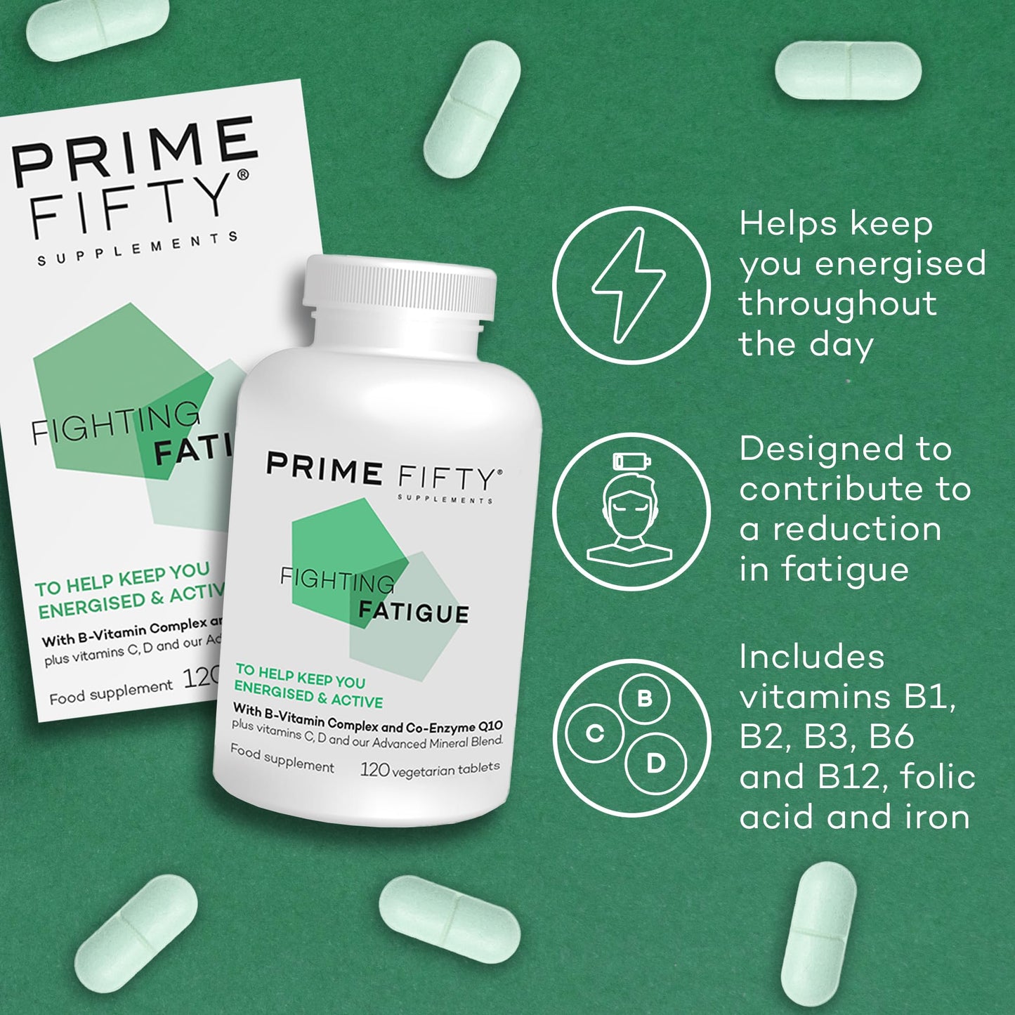 Prime Fifty Fighting Fatigue Supplement – 120 Day Supply – Energy Tablet with Vitamin B12, Magnesium & Iron for Over 50s – Co-Enzyme & C, D & B Vitamin Tablets for Tiredness & Fatigue