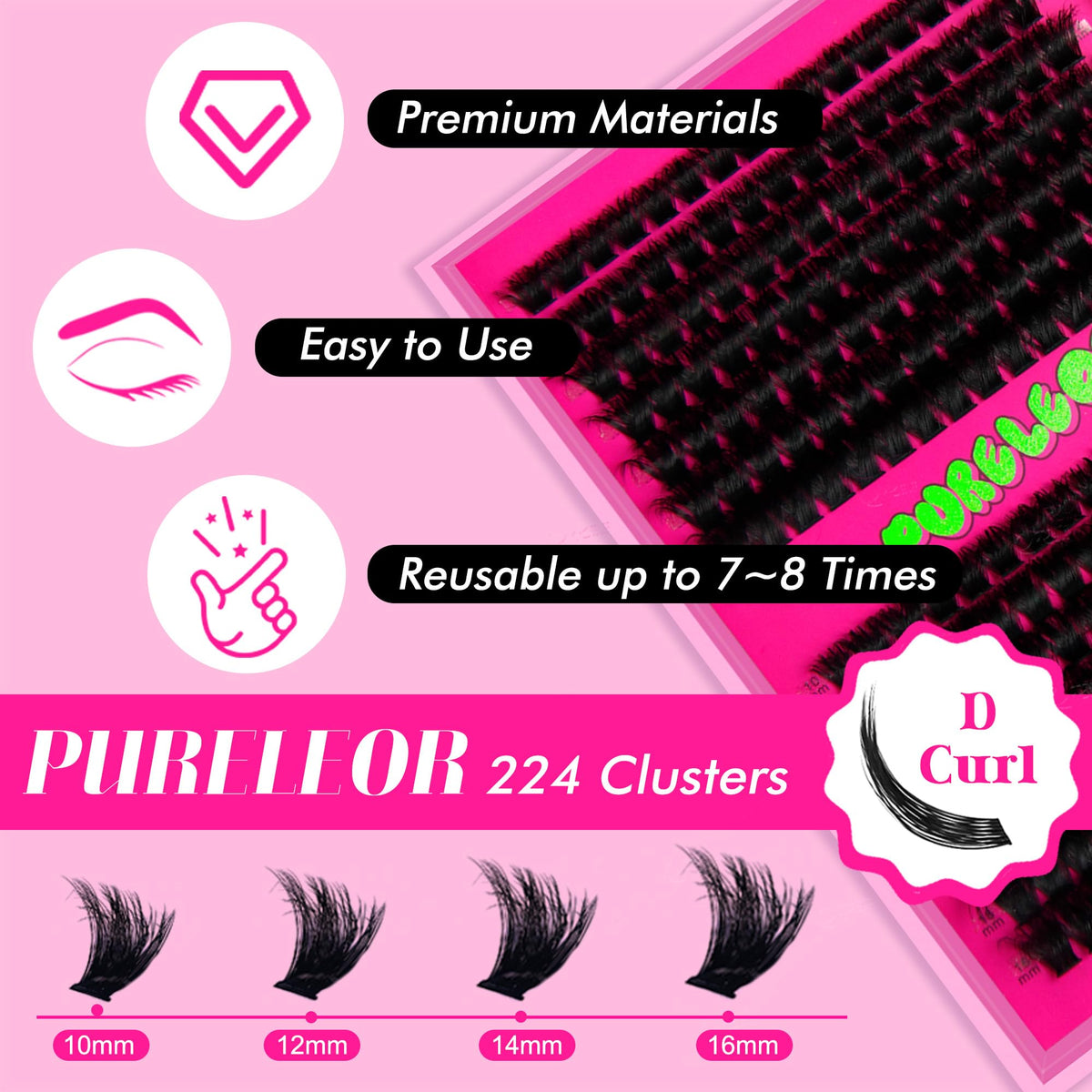 PURELEOR Cluster Lashes 100D Curl 10-16mm Mixed DIY Lash Clusters Individual Mega Cat Eyelash Extensions Look Soft Fluffy