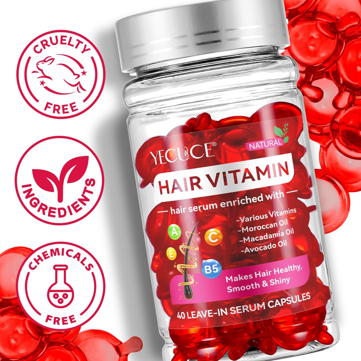 Hair Vitamin Serum Oil Capsule,Hair Treatment Serum with Vitamins A C E Pro B5 and Argan Macadamia Avocado Oils,No Rinse,and Safe for All Hair,For Men & Women