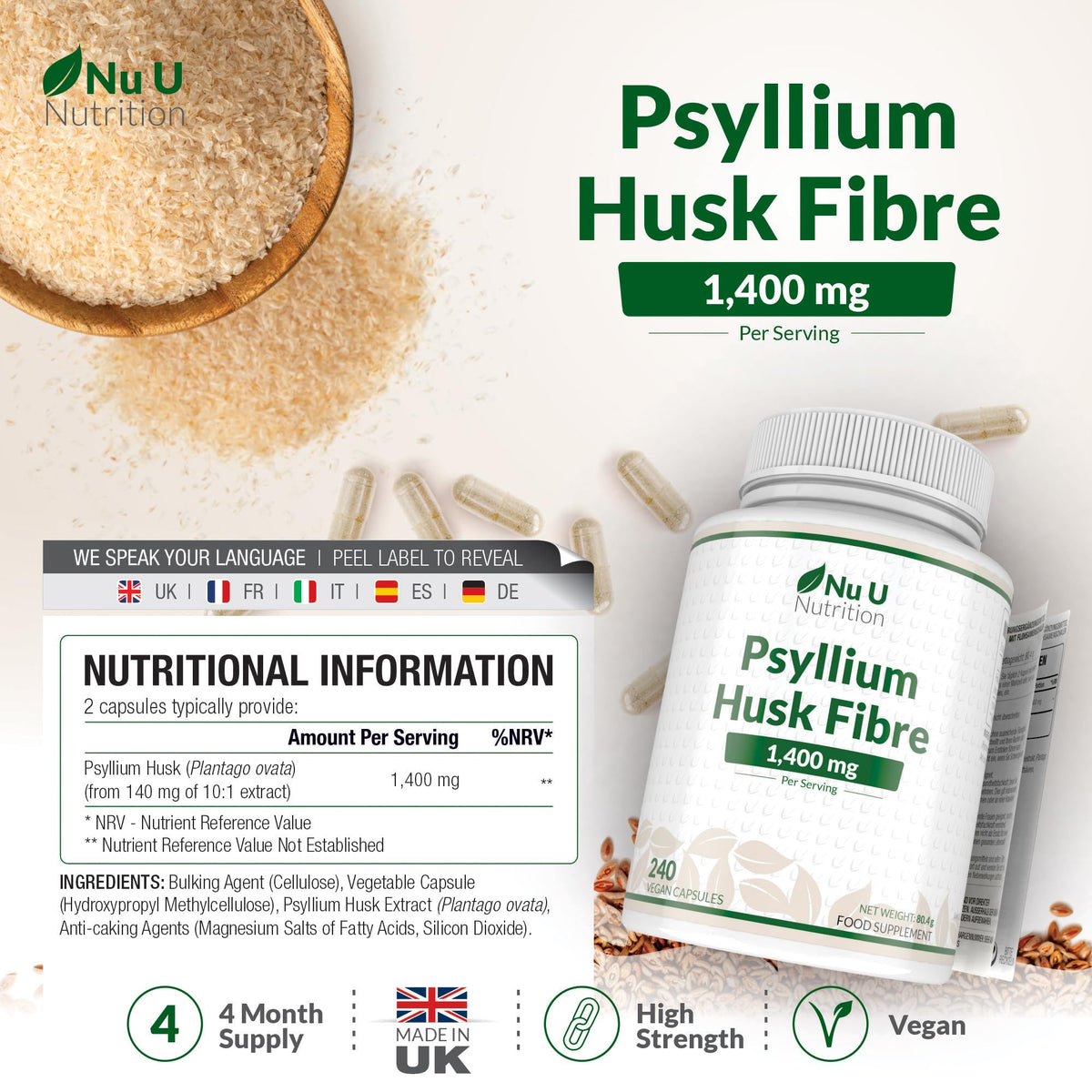 Psyllium Husk Fibre Supplement - 1400mg per Serving - 240 Vegan Capsules - Natural Soluble Prebiotic Fiber from Plantago Ovata Seeds - Made in the UK - Nu U Nutrition