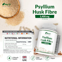 Psyllium Husk Fibre Supplement - 1400mg per Serving - 240 Vegan Capsules - Natural Soluble Prebiotic Fiber from Plantago Ovata Seeds - Made in the UK - Nu U Nutrition