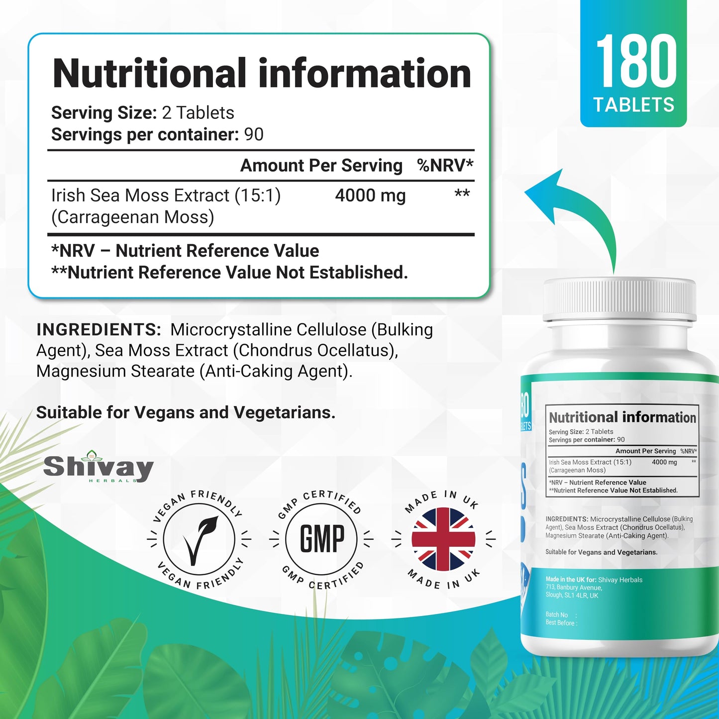 Sea Moss Extract 4000mg Per Serving | 180 Vegan Tablets - 90 Day Supply | High Strength Irish Sea Moss | Made in The UK by Shivay Herbals