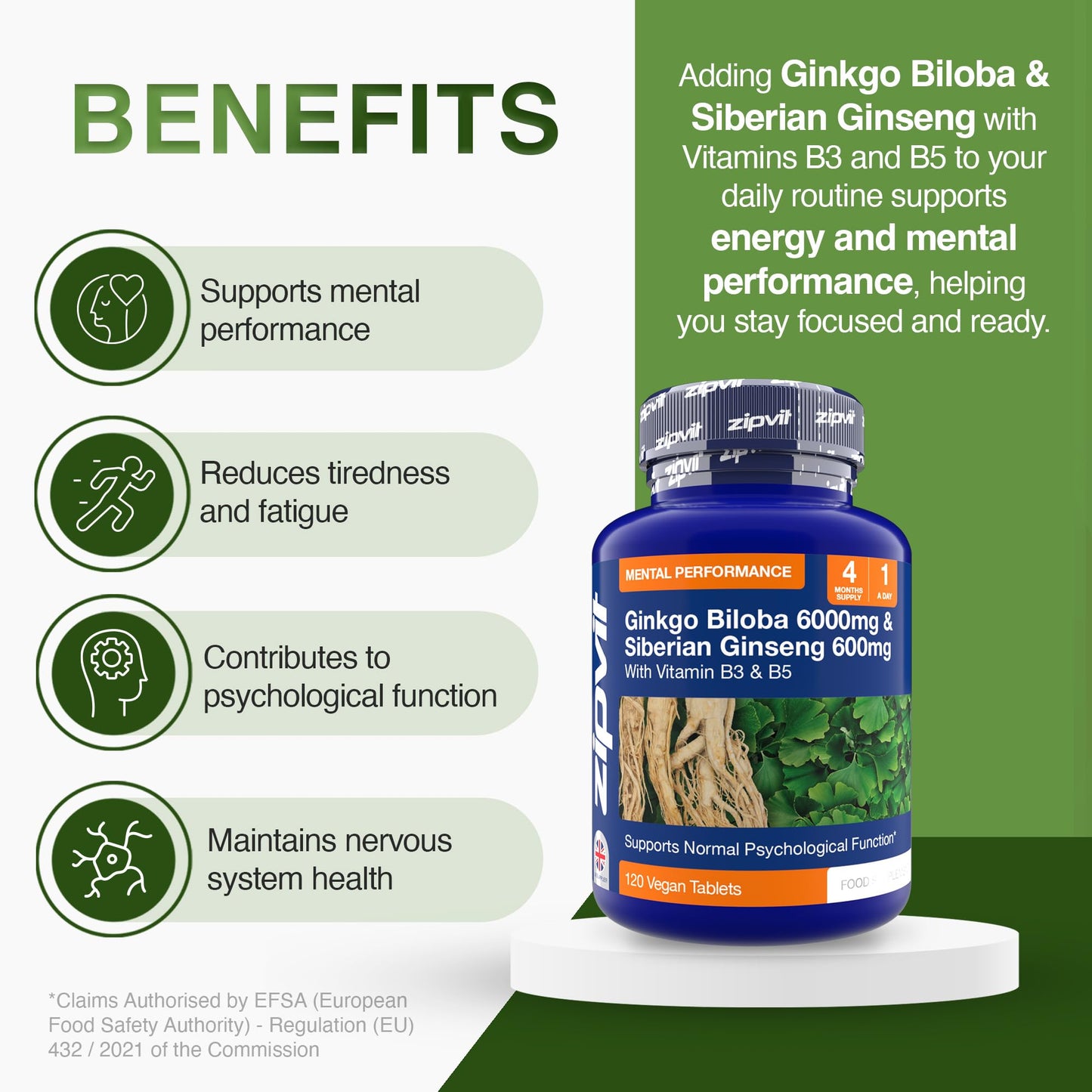 Zipvit Ginkgo Biloba 6000mg & Siberian Ginseng 600mg with Vitamin B3 & B5, Supports Energy & Mental Performance. 4 Months Supply, 120 Vegan Tablets, 1 a Day.