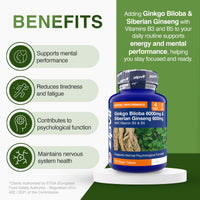 Zipvit Ginkgo Biloba 6000mg & Siberian Ginseng 600mg with Vitamin B3 & B5, Supports Energy & Mental Performance. 4 Months Supply, 120 Vegan Tablets, 1 a Day.