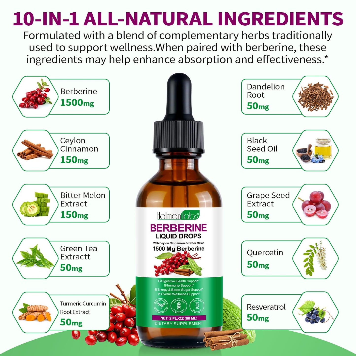 jollifish Berberine Liquid Drops, Berberine Supplement with High Strength Support Energy, Gut Health, Immune System & Metabolism Support, Health Supplement & Vitamins for Women & Men, Sugar Free, Non-GMO - 60ml