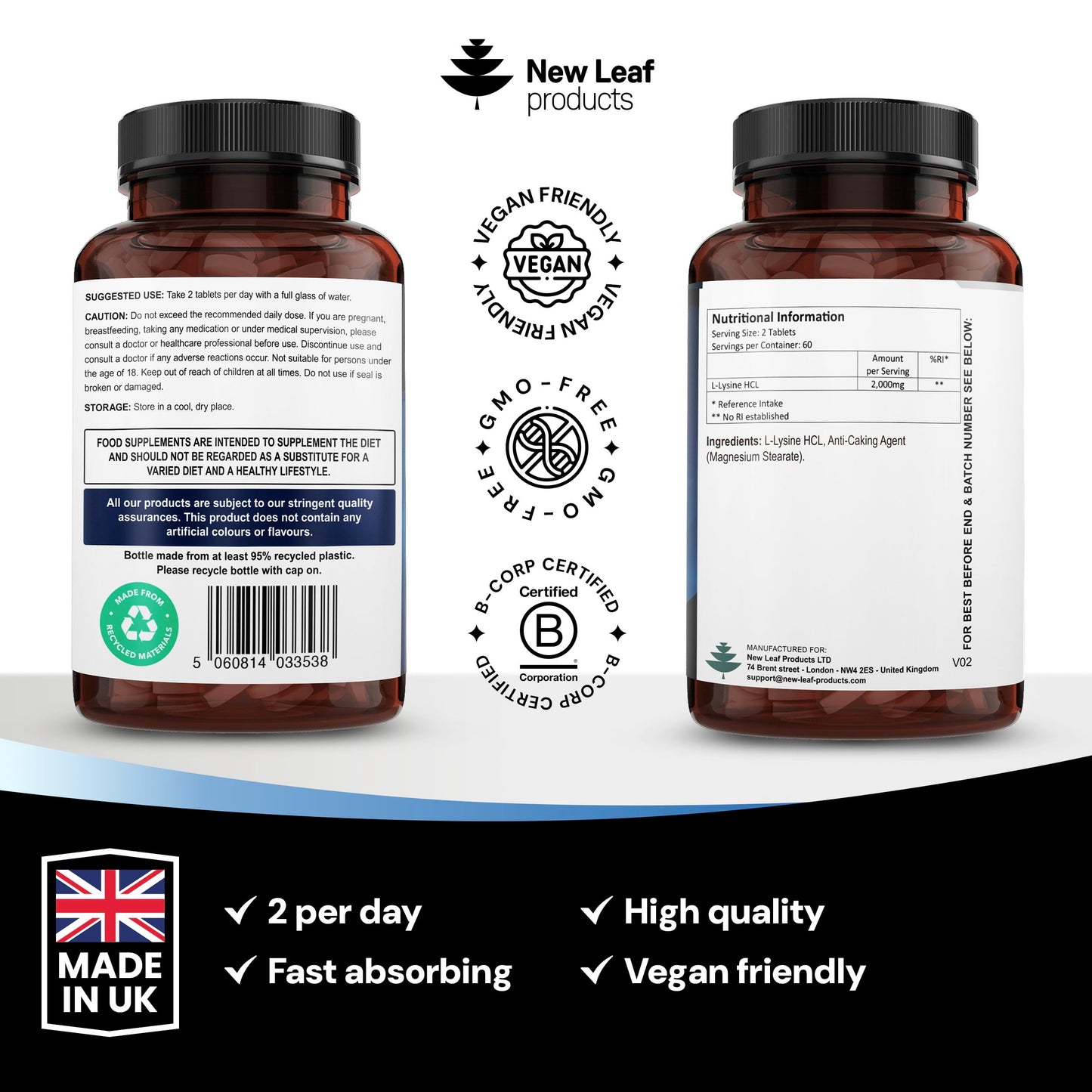NEW LEAF PRODUCTS L-Lysine Tablets 2000mg - High Strength Lysine Nutritional Supplements - Essential Amino Acid L Lysine - 120 Vegan Lysine Tablets 2 Month Supply Made in The UK By New Leaf