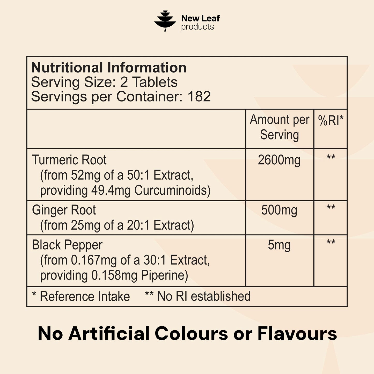 NEW LEAF PRODUCTS Turmeric Tablets 2600mg High Strength with Black Pepper & Ginger (6 Months Supply) Active 95% Turmeric Curcumin Supplements 365 Tablets Not Capsules, Vegan, UK Made by New Leaf