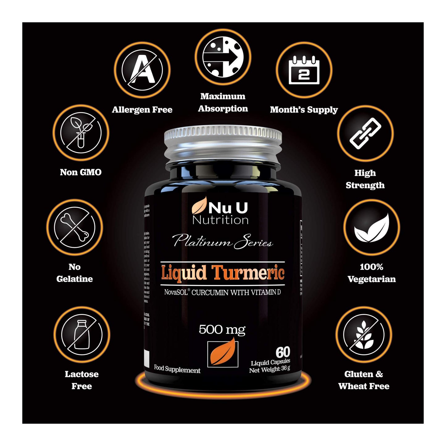 Nu U Nutrition Turmeric Curcumin Capsules (Liquid) with Vitamin D | 185 More Bioavailability NovaSOL® Curcumin | High Strength Vegetarian Premium Liquid Turmeric Curcumin not Tablets Made in The UK