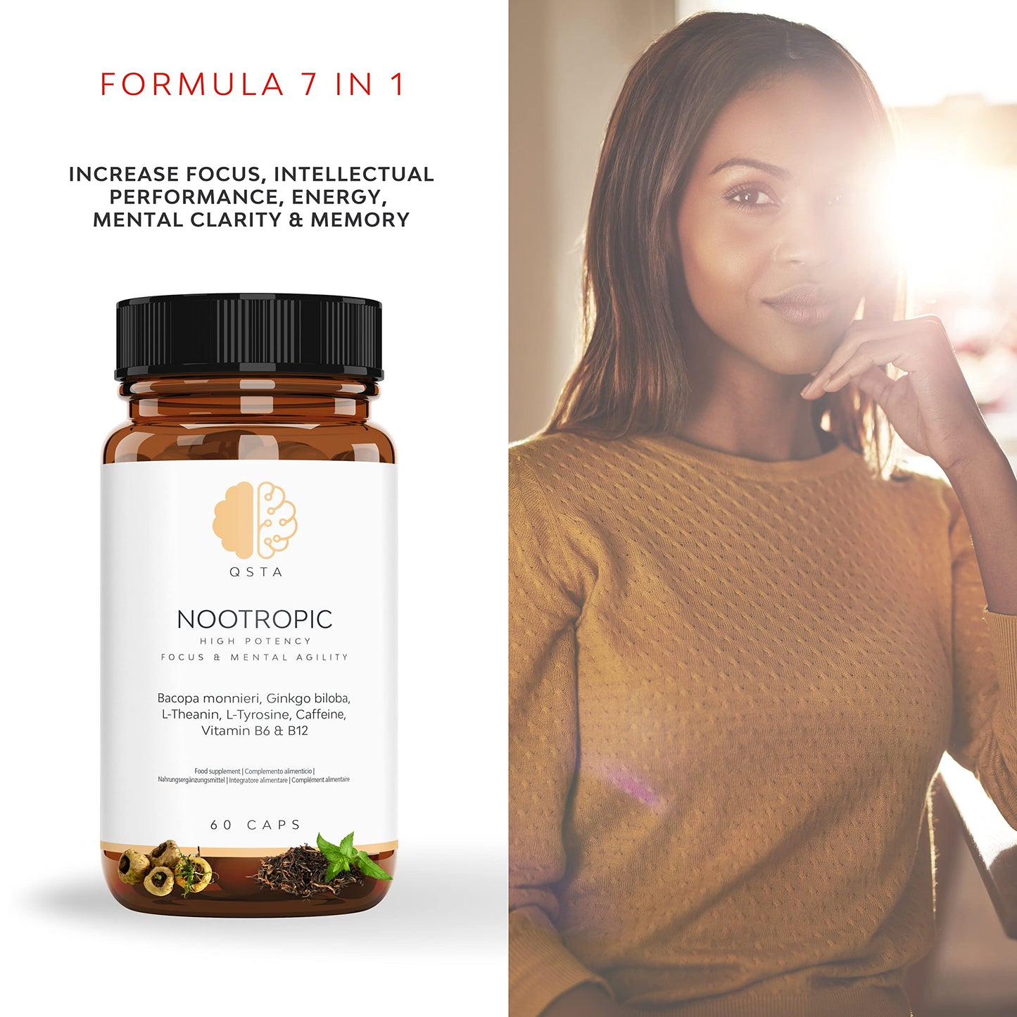 Nootropic Focus, Very High Potency Daily Cognitive Enhancer for Increasing Energy, Focus, Brain Function, Mental Alertness & Memory with Bacopa monnieri, Ginkgo, Tyrosine, Theanine, Caffeine, B6 & B12