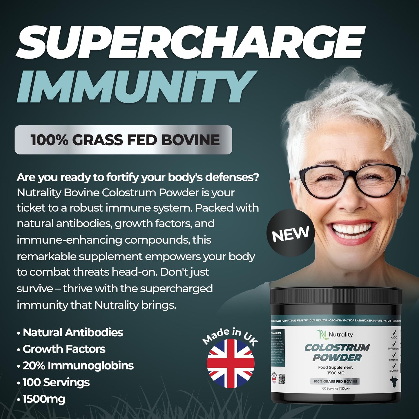 Nutrality Bovine Colostrum Powder 1500mg 150g | Immune Support, Gut Health, 100% Grass Fed Bovine, Growth & Metabolic Factors, Optimal Wellness | No Preservatives & Hormone-Free