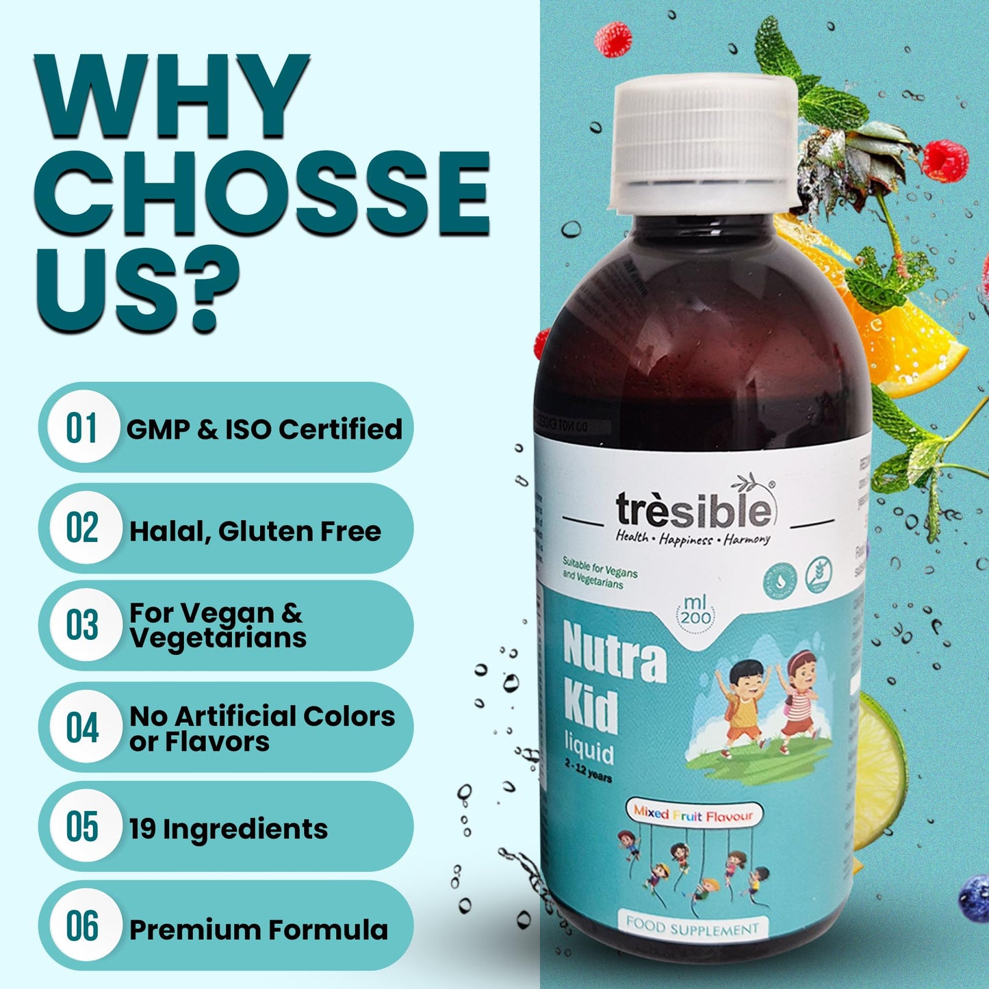 Tresible Trèsible Nutra Kids Multivitamins Liquid for Immune Support (2 to 12 Years) - Kids Vitamins with EPA, DHA and Zinc - Multivitamin for Kids, Toddlers Vitamins Age 2, Baby Vitamins with Biotin, Vegan