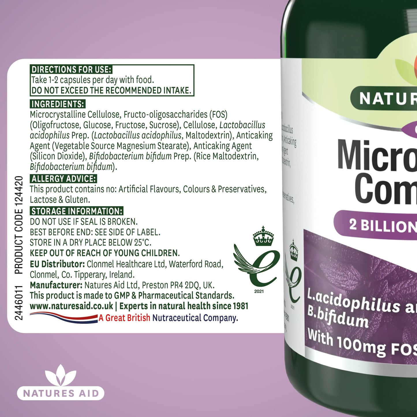 Natures Aid Microbiotic Complex – Digestive Friendly Bacteria Supplement Gut Health Support – High Strength Lactobacillus Acidophilus – Vegan, Vegetarian, Non-GMO, Gluten Free - 60 Capsules