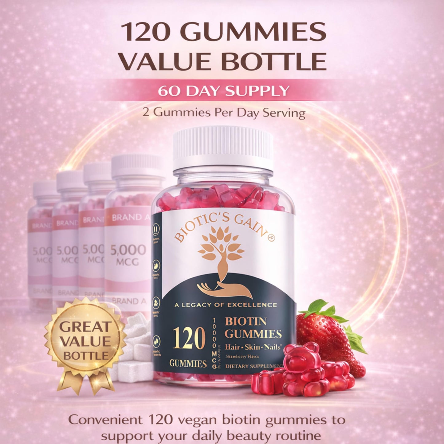 Biotic's Gain Biotin Gummies 10000 mcg – Hair Skin & Nails Vitamins with Vitamins A C D E B6 B12 & Zinc, Vegan Sugar Free Hair Vitamins for Women & Men, 120 Gummies