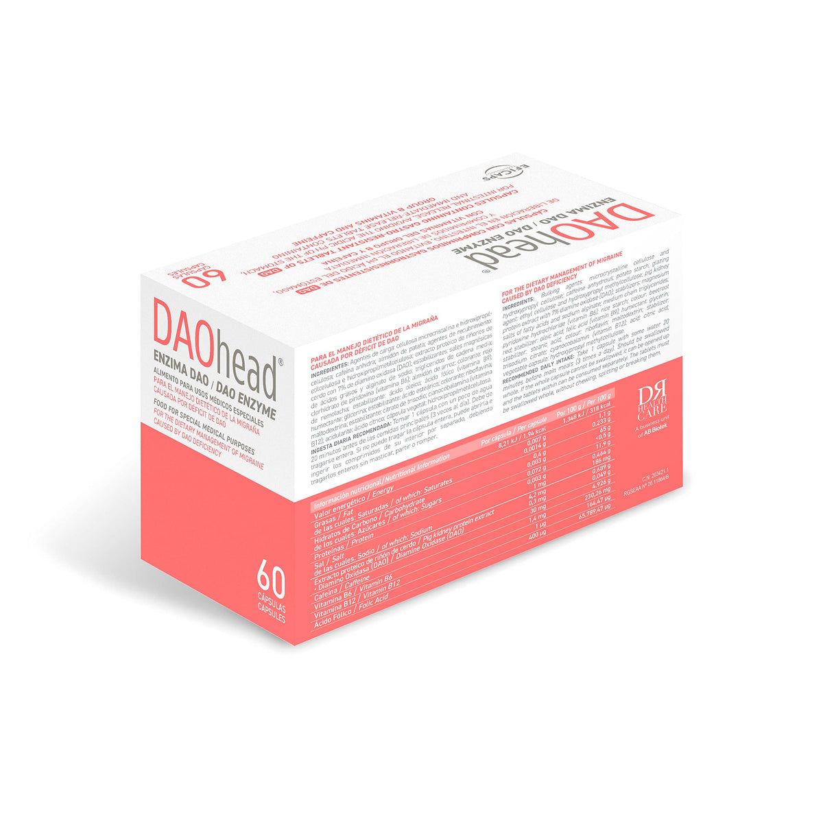 DR Healthcare - DAOhead - DAO Enzyme - Vitamins B6, B9, B12 and Caffeine - Support for Dietary Histamine Balance - 60 Capsules with Gastro-Resistant DAO Mini Tablets