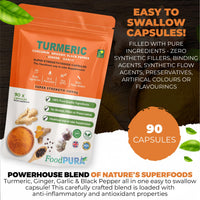 FoodPURA 90 x 4000mg Turmeric (Curcumin), Ginger, Garlic & Organic Black Pepper Capsules HACCP Certified, Manufactured in The UK by FoodPURA (90)