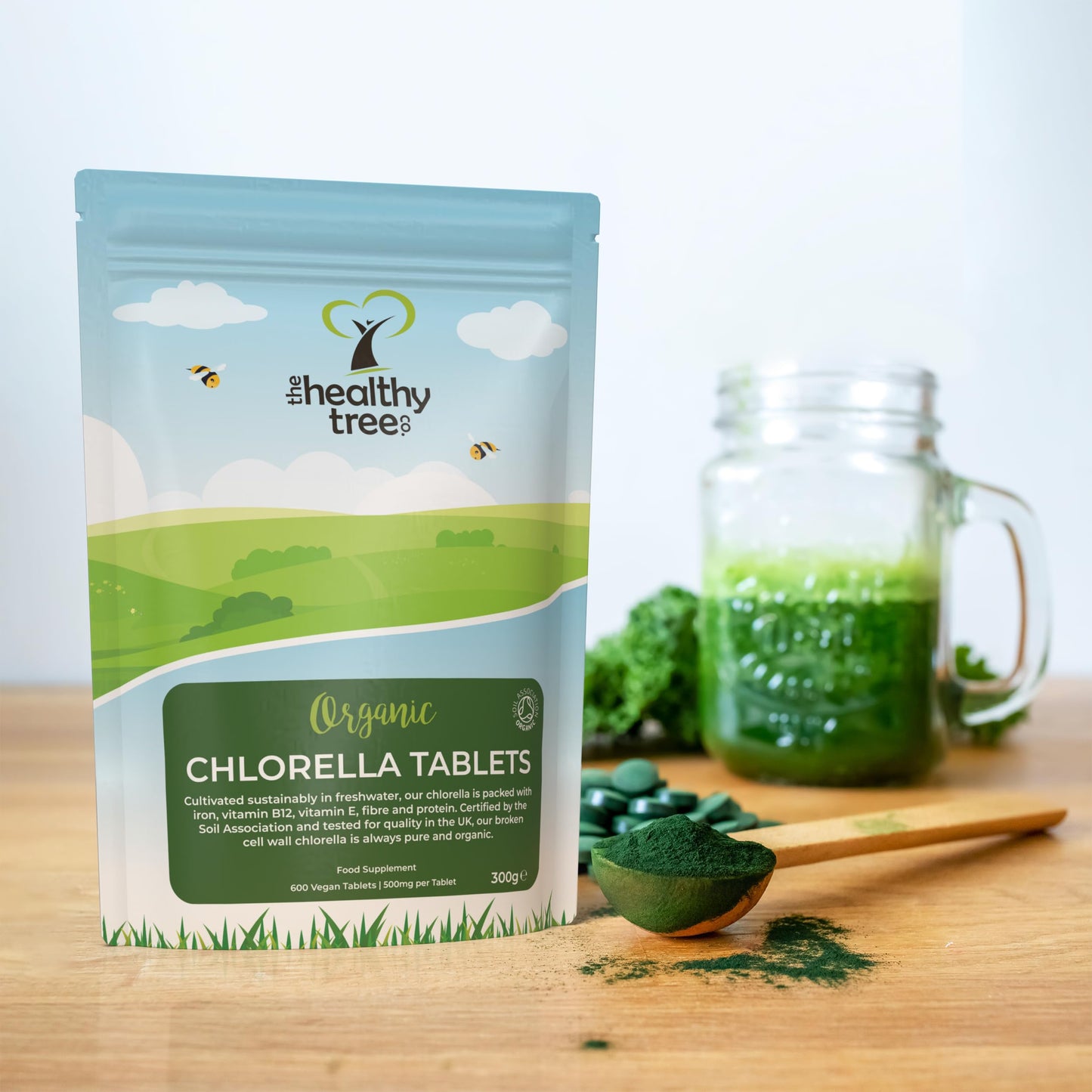 Organic Chlorella Tablets by TheHealthyTree Company - High in Vitamin B12 and E, Iron, Protein and Amino Acids - UK Certified Cracked Cell Wall Vegan Chlorella, 600 x 500mg (300g)