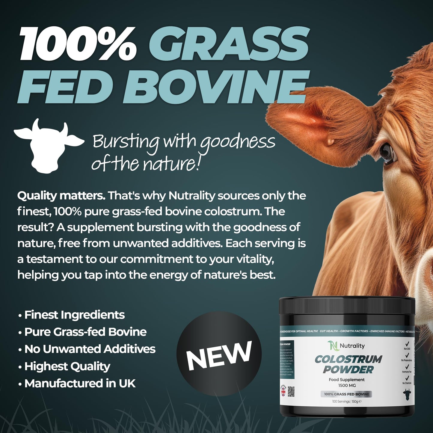 Nutrality Bovine Colostrum Powder 1500mg 150g | Immune Support, Gut Health, 100% Grass Fed Bovine, Growth & Metabolic Factors, Optimal Wellness | No Preservatives & Hormone-Free