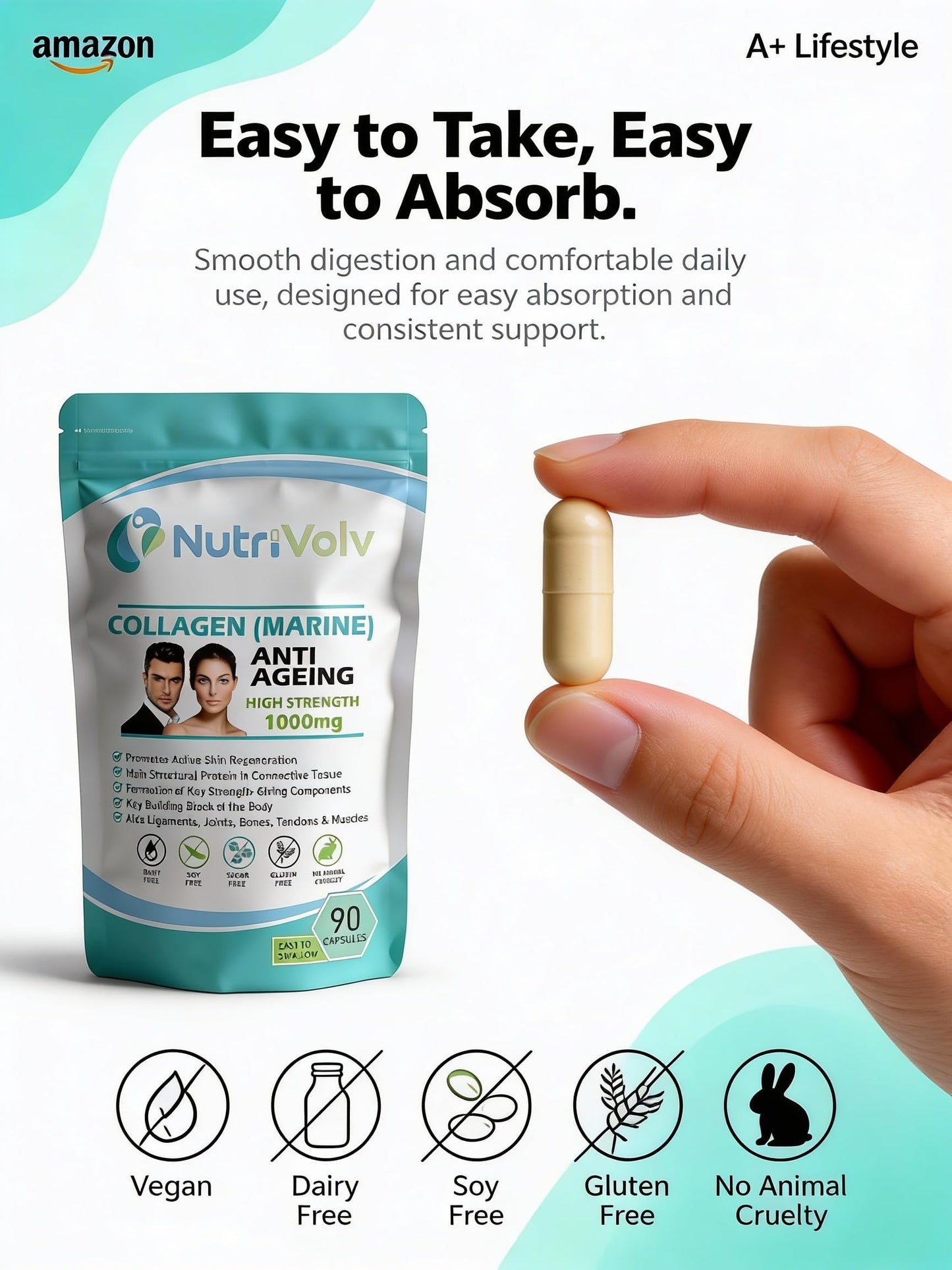 NutriVolv Collagen Marine 1000mg Supplement | Anti-Ageing Support for Skin, Joints, Bones, Muscles & Tissue Health | 90 Capsules | Boosts Skin Elasticity & Joint Mobility