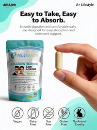 NutriVolv Collagen Marine 1000mg Supplement | Anti-Ageing Support for Skin, Joints, Bones, Muscles & Tissue Health | 90 Capsules | Boosts Skin Elasticity & Joint Mobility