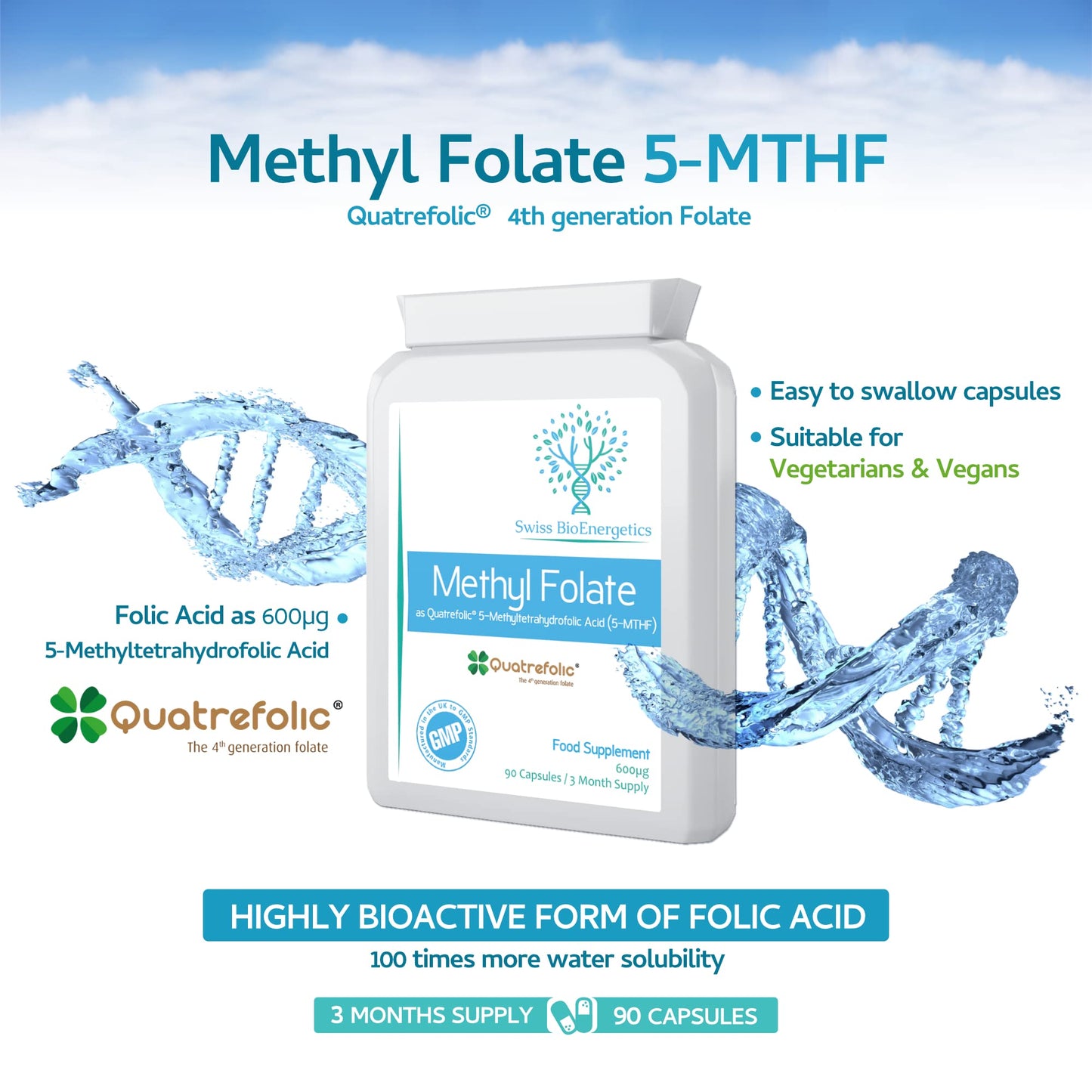 Methyl Folate 600µg - 90 Capsules as Quatrefolic 5-MTHF Supplement 6S-5-methyltetrahydrofolate – The 4th Generation of Folate a Highly biologically Active Form of Folic Acid/Vitamin B9 - UK Made