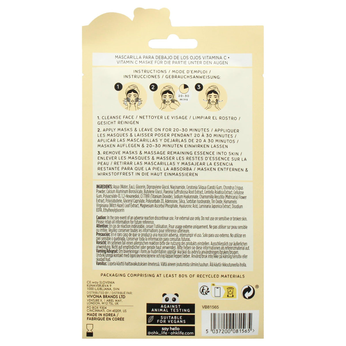 Oh K! Brightening and Cooling Eye Mask for Puffy Eyes, Packed with Hyaluronic Acid and Vitamin C, Vegan and Cruelty Free, 15g