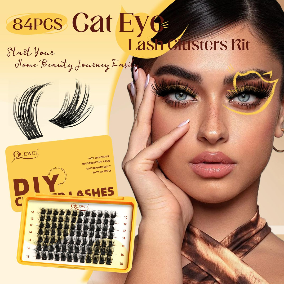 QUEWEL Cluster-Lashes Kit, Individual-Eyelashes Kit 10-16mm Cat Eye Lash Clusters 84Pcs Bond and Seal Lash Kit, DIY Lash Extensions at Home(Kitten Kit)