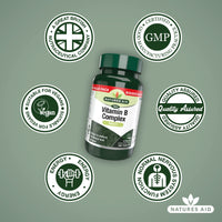Natures Aid Vitamin B Complex - 180 Tablets - Complete B1 B2 B3 B5 B6 & Vitamin B12 Supplement Support for Energy Tiredness Fatigue Metabolism Function - Vegan Not Gummies or Capsules 6 Months Supply