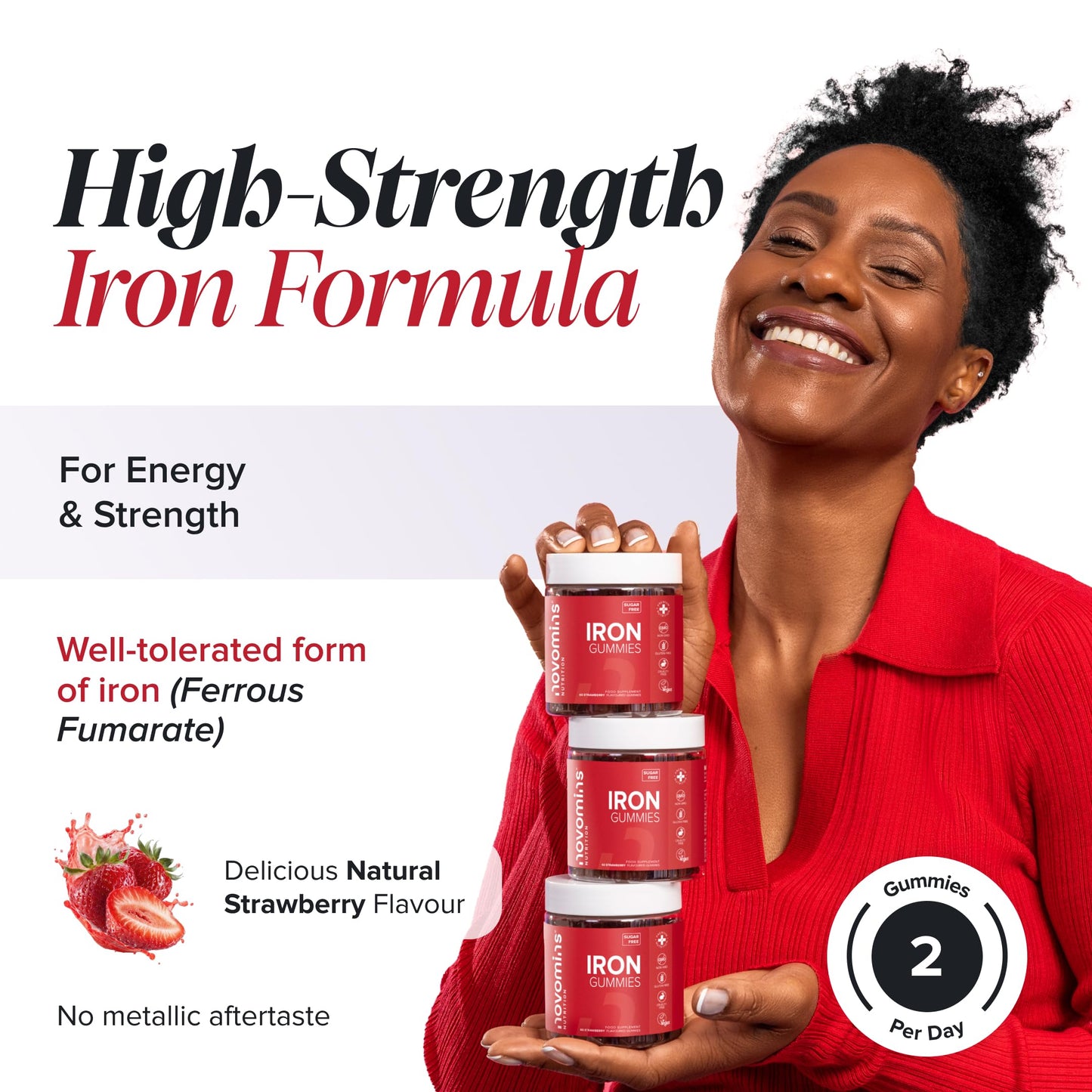 novomins Iron Gummies with Vitamin C - Sugar Free - 1 Month Supply - 20mg with 24mg Vitamin C - Immune System & Energy - Alternative to High Strength Tablets - Iron Supplements for Women & Men - Novomins