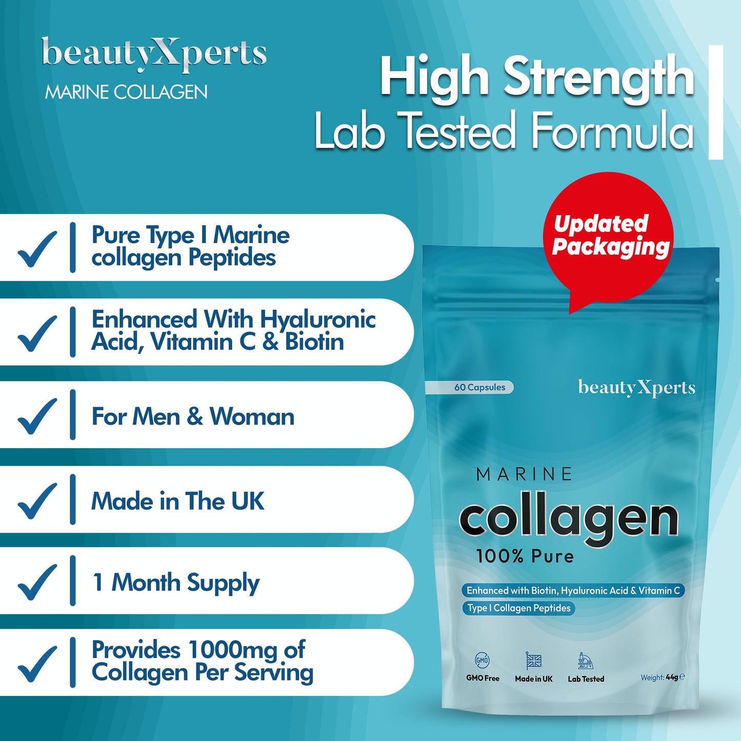 BeautyXperts Marine Collagen Capsules | with Biotin, Hyaluronic Acid & Vitamin C | High Strength Pure Collagen Peptides Supplements for Women and Men | 60 Capsules (Not Tablets or Powder)
