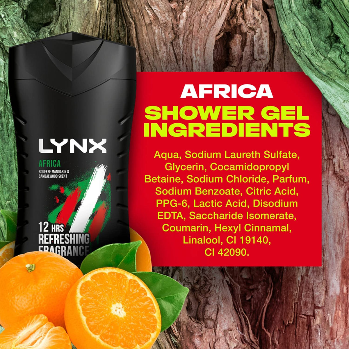 2x Lynx 12hr Refreshing Africa Squeezed Mandarin & Sandalwood Bodywash, 225ml