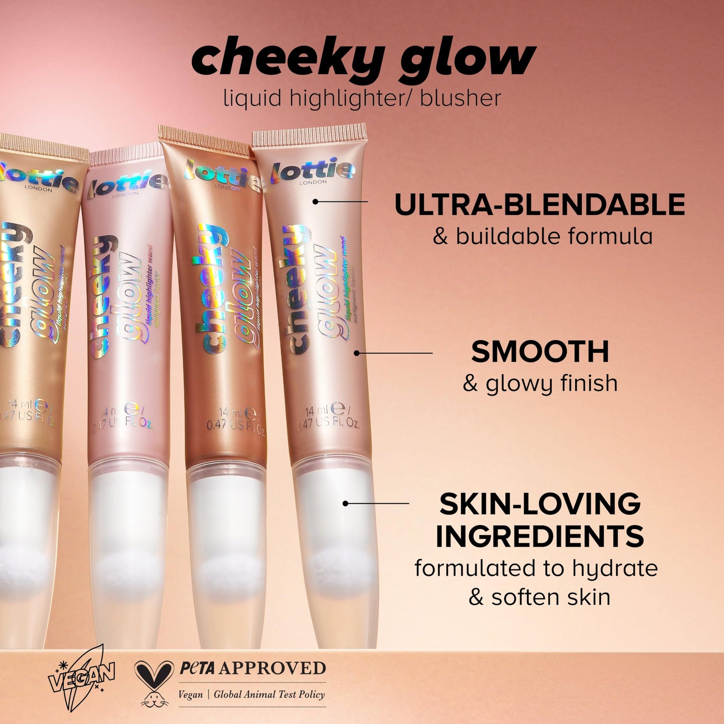 Lottie London Cheeky Glow in Peach Bellini, Liquid Blush & Sheer Highlighter, Buildable Formula Infused with Hyaluronic Acid, Vegan & Cruelty-free