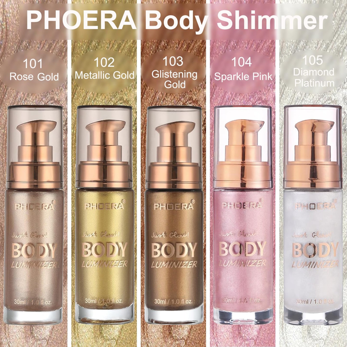 Hilareco PHOERA Body Glow Oil - Rose Gold & Bronze Shimmer Highlighter Luminizer Body Illuminator with Self Tanning Lotion, 1oz (101+103)