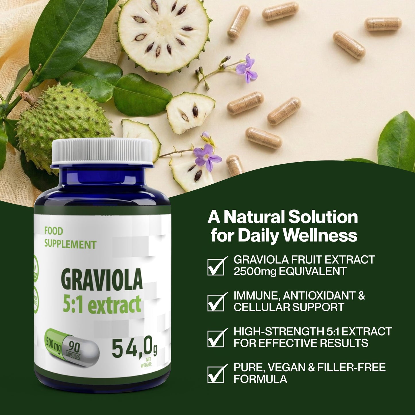 Hepatica Graviola Fruit Extract 2500mg Equivalent (500mg of 5:1 Extract) 90 Vegan Capsules, 3rd Party lab Tested, High Strength Supplement, Gluten and GMO Free