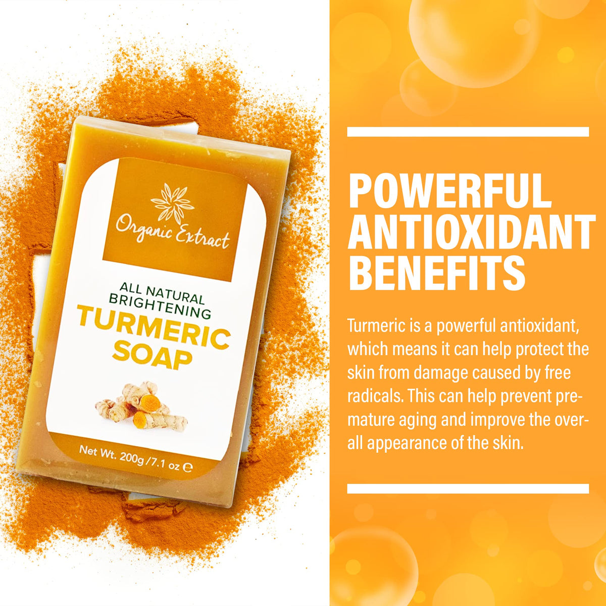 ORGANIC EXTRACT Tumeric Soap - 7.05fl oz / 200g - Skin Brightening Soap Bar - Deeply Moisturizes & Cleanses Skin, Reduces Acne & Dark Spots