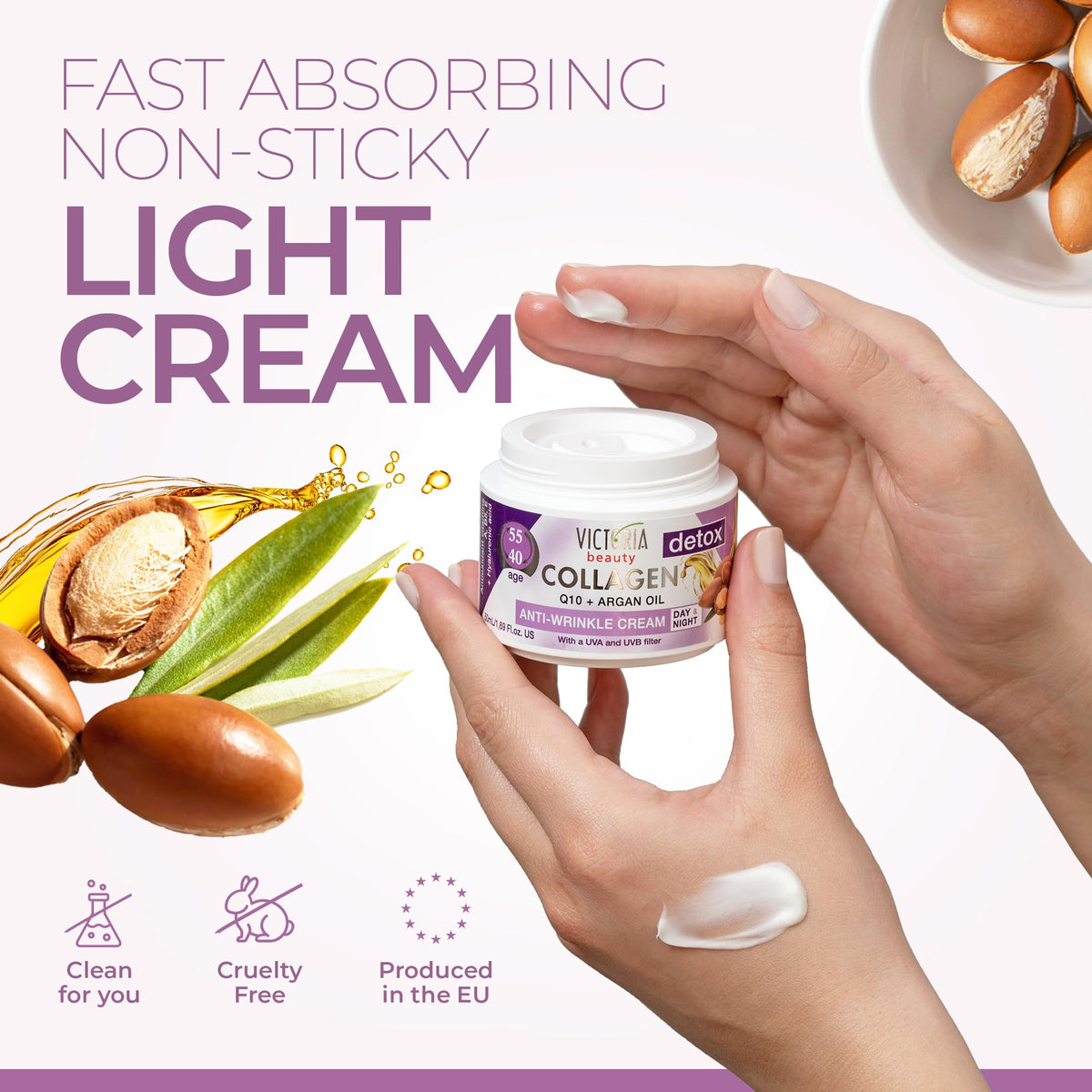 Victoria Beauty Day and Night Anti-Aging Moisturiser with Collagen, Hyaluronic Acid, Q10, Argan Oil, and a UVA/UVB Filter for Ages 40 – 55, Pack of 2 Creams (2 x 50 ml)