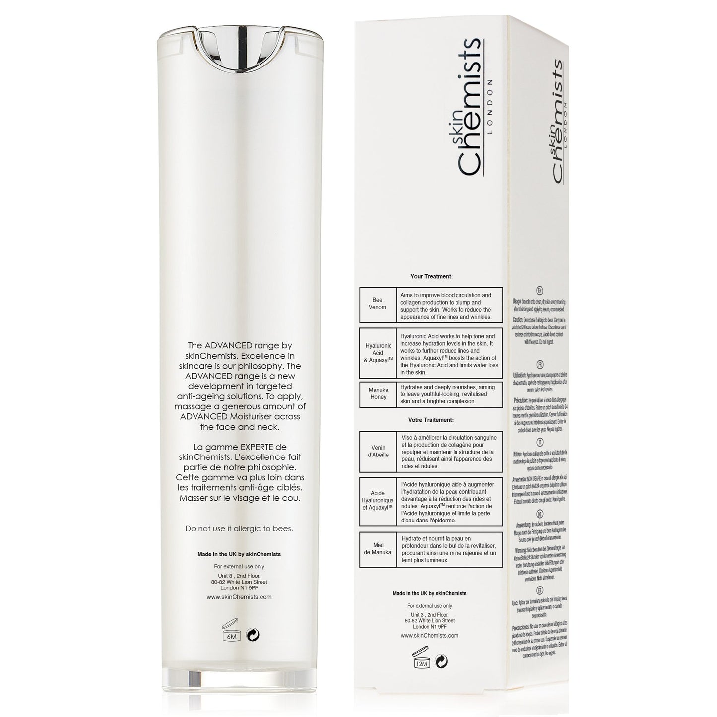 skinChemists Bee Venom Day Cream - Moisturizing and cleansing Solution - Best skin Anti Ageing Treatment - With Manuka Honey , Cocoa and Shea Butter - Made in UK - 50ml