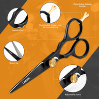 Candure Hairdressing Scissor with Comb & Leather Pouch 6.5" - Hair Scissor for Professional Hairdressers, Barbers Stainless Steel Hair Cutting Shears for Salon, Men, Women, Children and Adults Black