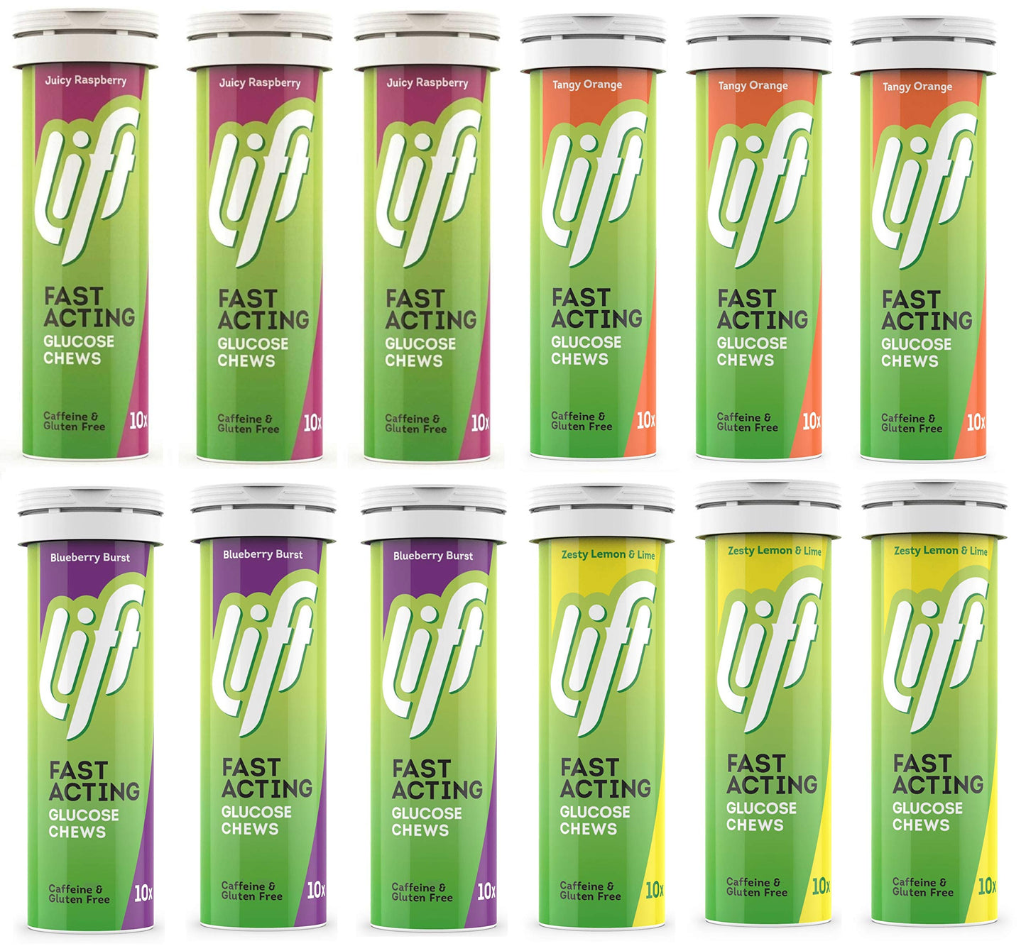 GlucoTabs Lift Glucose Chews - Mixed Case 12 x 10 Tabs - Orange, Raspberry, Blueberry & Lemon & Lime
